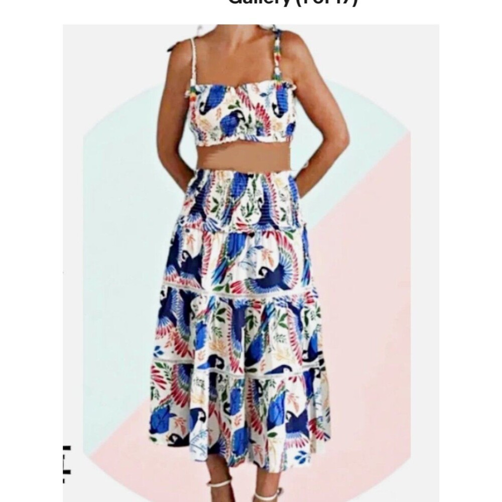 HOUSE OF HARLOW Linen Blend Smocked Crop Top & Tiered Maxi Skirt Set Size M